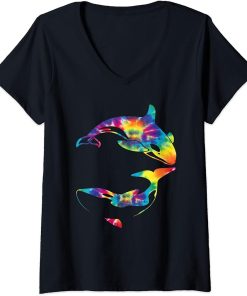 Womens Orca Whale Tie Dye Funny Orca Wave Lover V-Neck T-Shirt