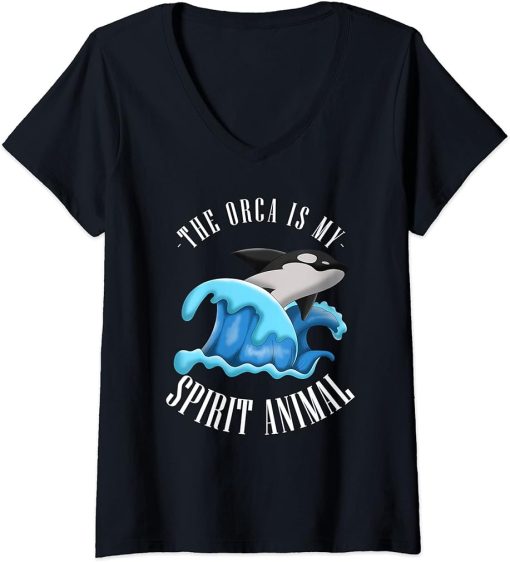 Womens The Orca Is My Spirit Animal Funny Aquarist Gift Ocean Orca V-Neck T-Shirt