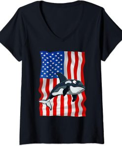 Womens Orca American Flag USA 4th of July America Orcas lovers V-Neck T-Shirt