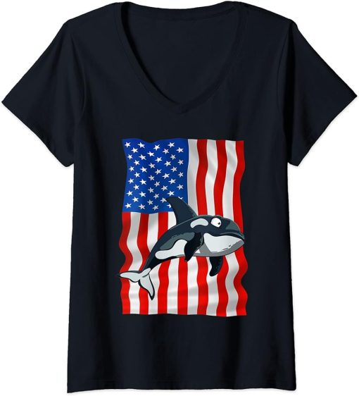 Womens Orca American Flag USA 4th of July America Orcas lovers V-Neck T-Shirt