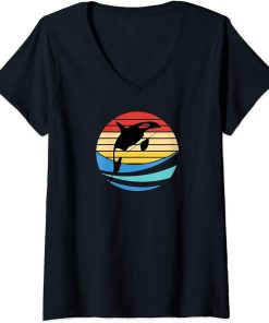 Womens Orca Killer Whale Retro Vintage Sunset Beach Dolphin Lover V-Neck T-Shirt