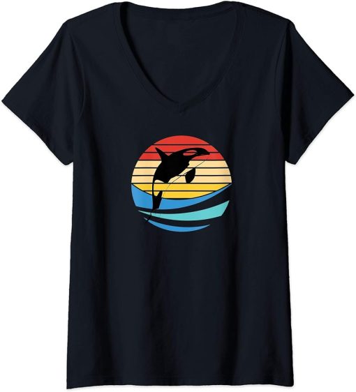 Womens Orca Killer Whale Retro Vintage Sunset Beach Dolphin Lover V-Neck T-Shirt