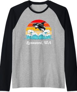 Vintage Lynnwood WA Distressed Orca Killer Whale Art Raglan Baseball Tee