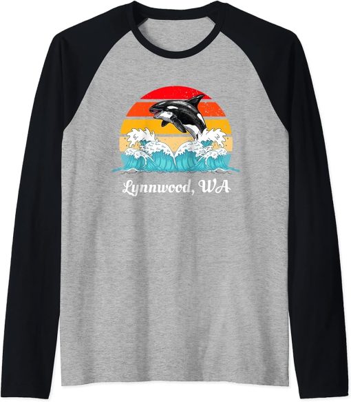 Vintage Lynnwood WA Distressed Orca Killer Whale Art Raglan Baseball Tee