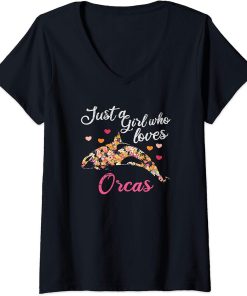 Womens Just a girl who loves orcas V-Neck T-Shirt